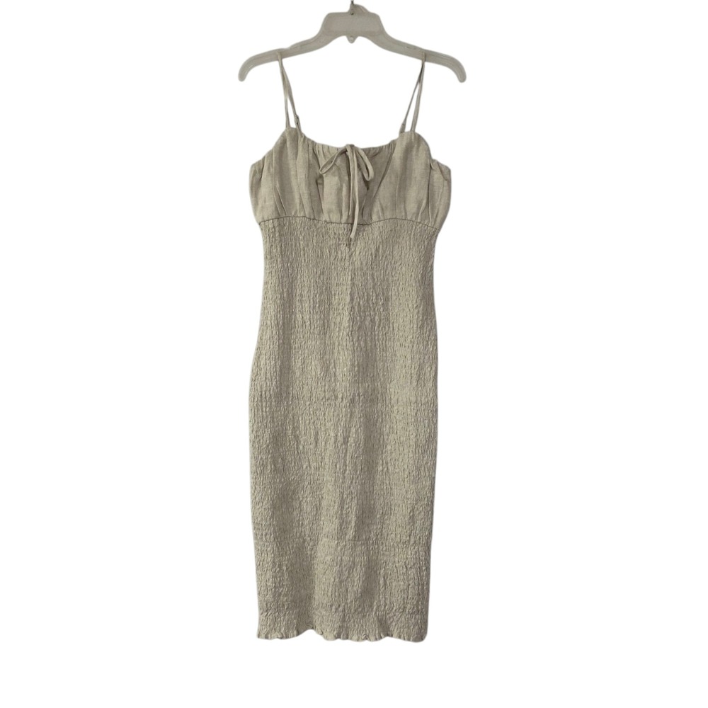 NWT J. Crew Linen Midi Dress Womens‎ Tan 4 Spaghetti Strap Woven Smocked Bodycon